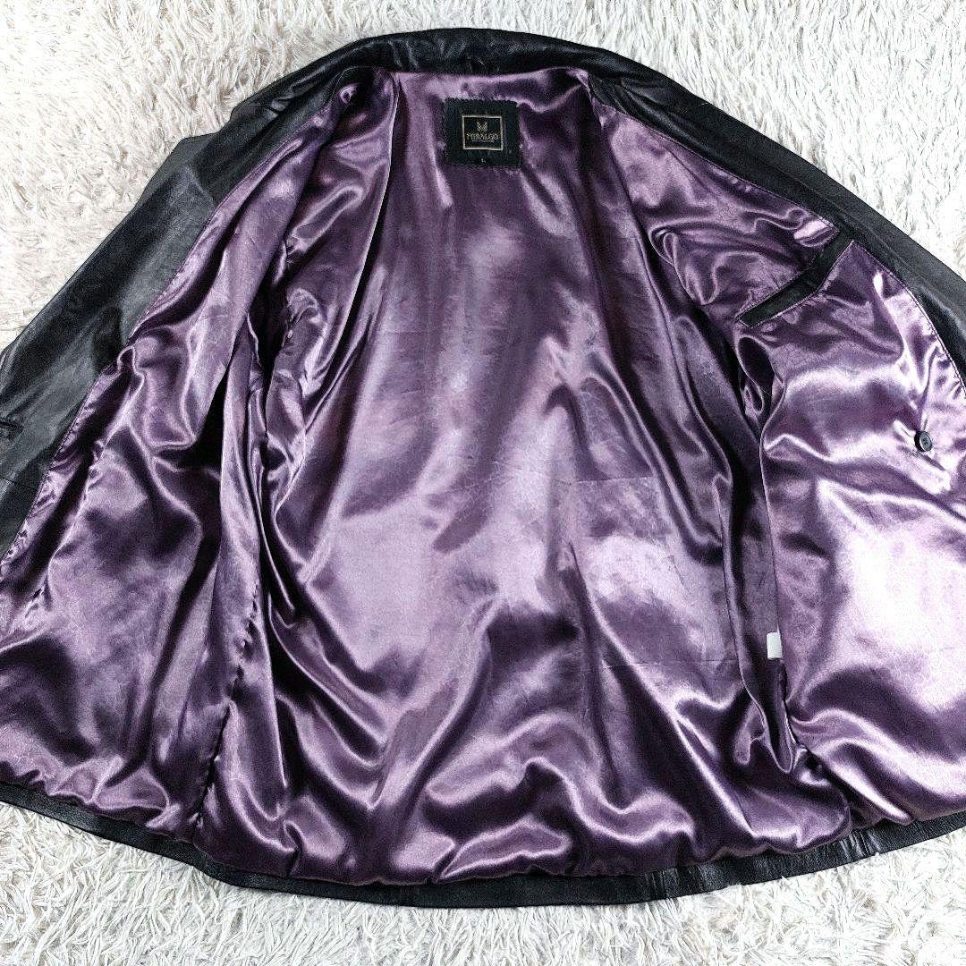 L 裏地派手色 ラムレザー ダブルブレストジャケット ミドル丈コート 黒パープル