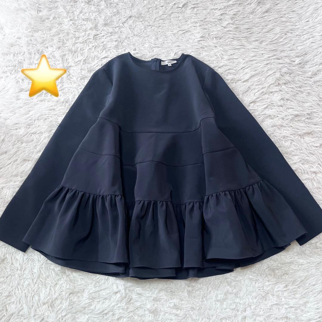 yori フリル ペプラム トップス 長袖 プルオーバー ストレッチ ネイビー