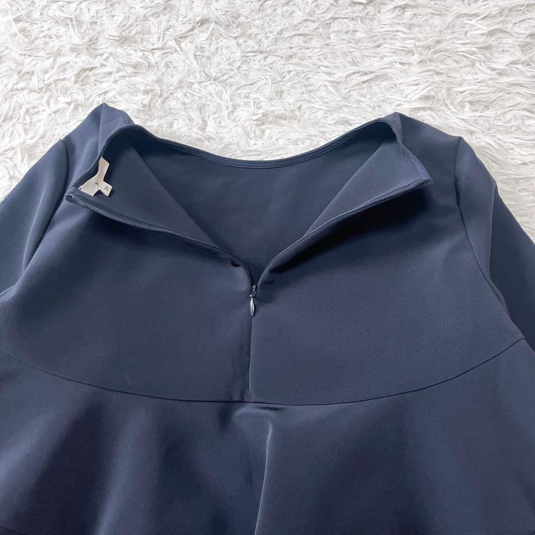 yori フリル ペプラム トップス 長袖 プルオーバー ストレッチ ネイビー