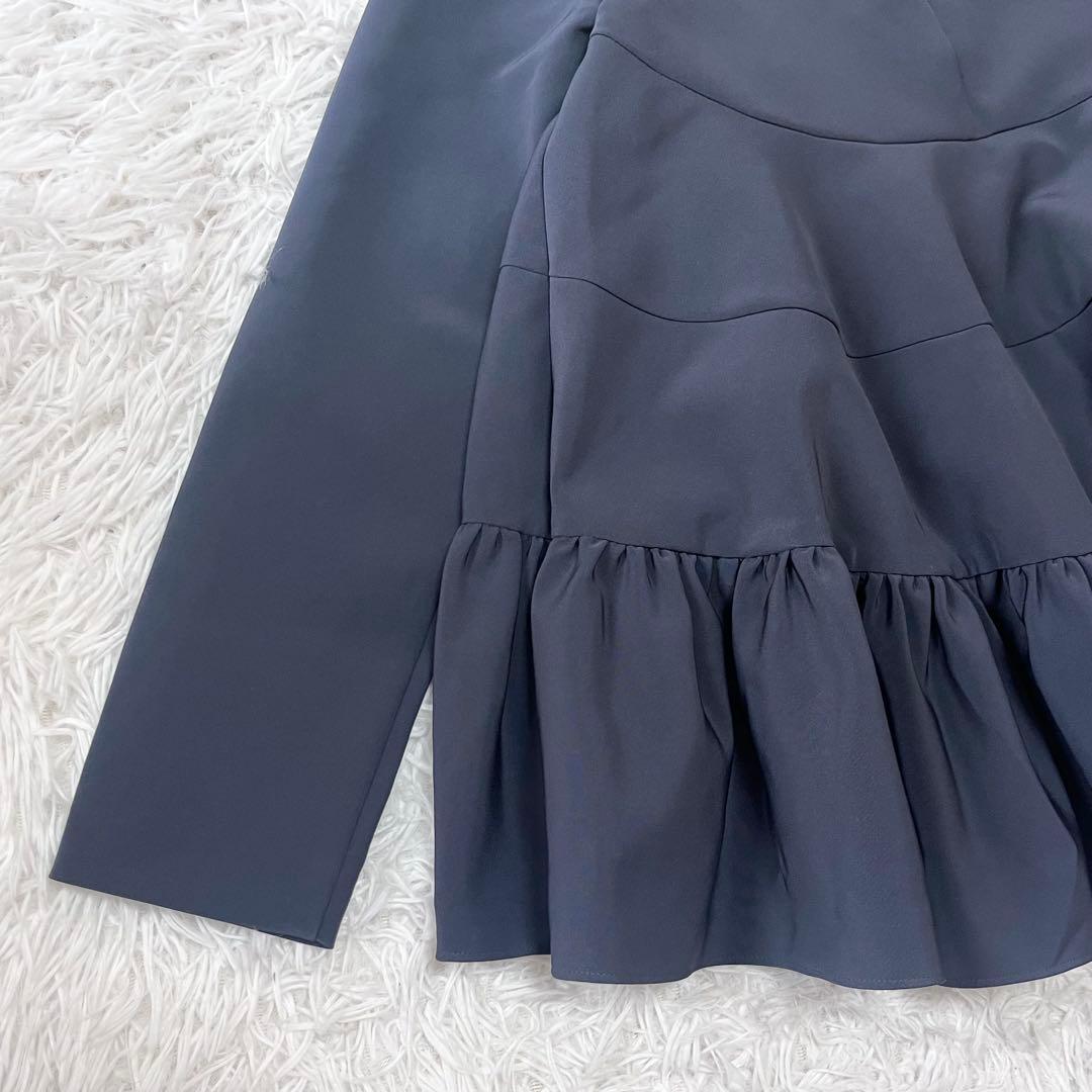 yori フリル ペプラム トップス 長袖 プルオーバー ストレッチ ネイビー