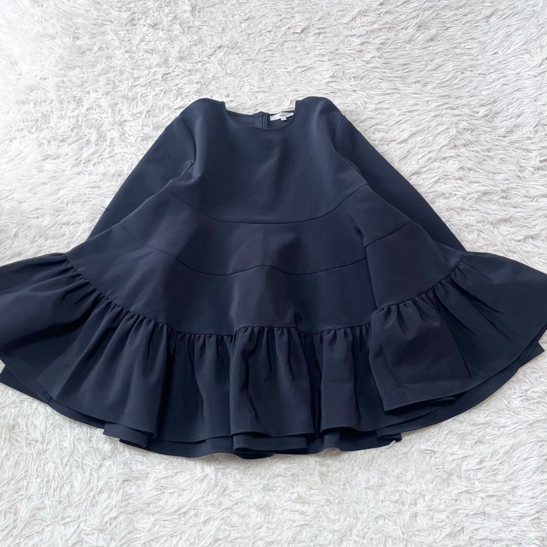 yori フリル ペプラム トップス 長袖 プルオーバー ストレッチ ネイビー