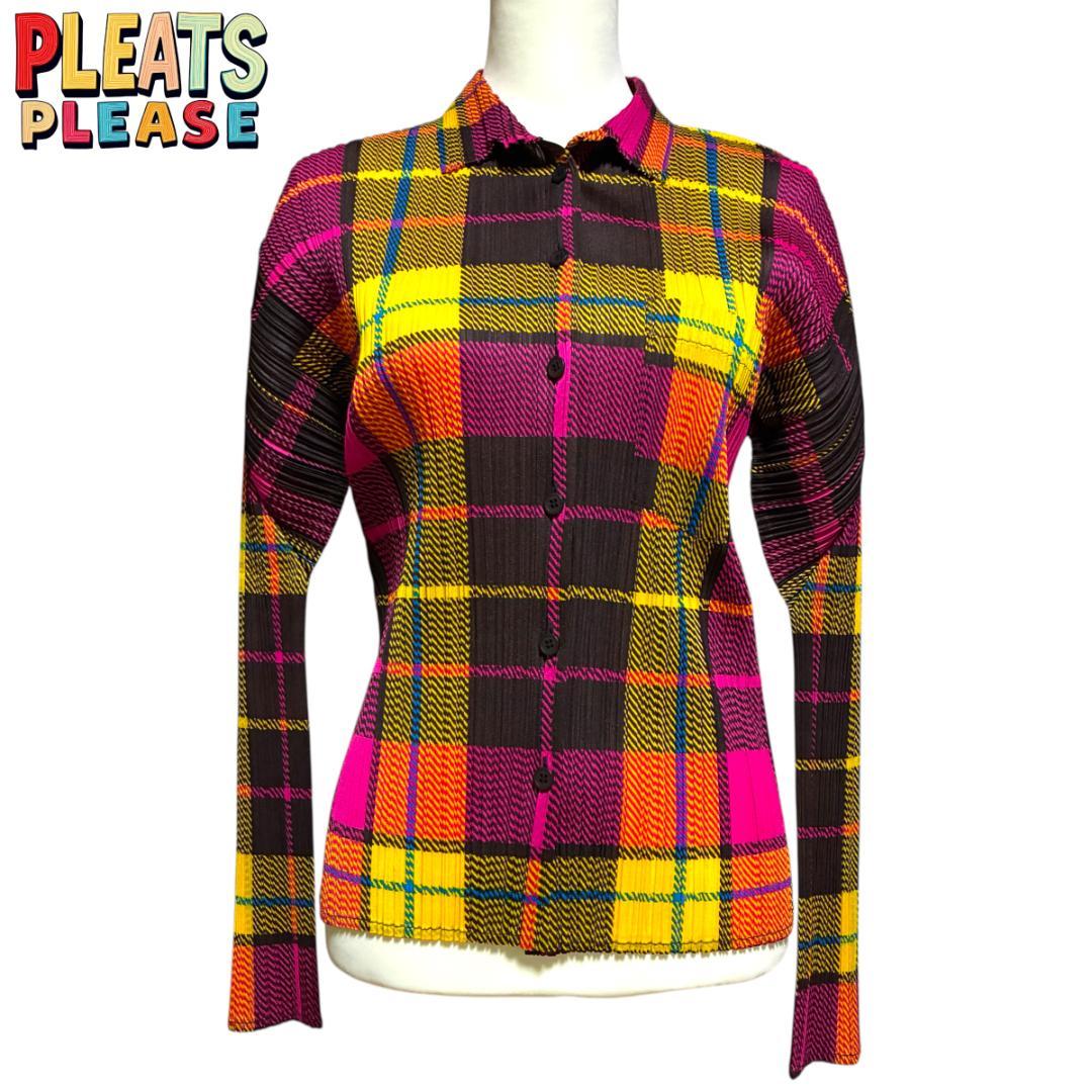 【美品】ISSEI　MIYAKE　プリーツプリーズ　長袖チェックシャツ　Lサイズ