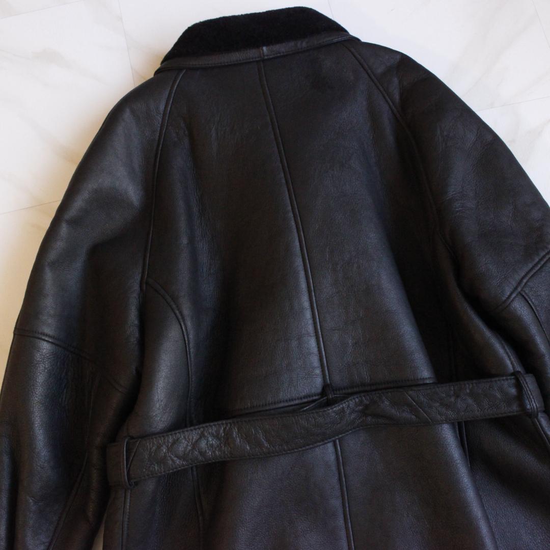 リアルムートンコート ダブル ベルト ブラック 羊革 ボア