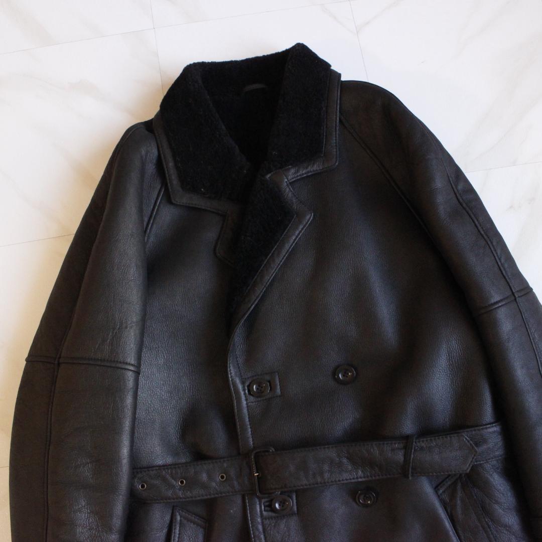 リアルムートンコート ダブル ベルト ブラック 羊革 ボア