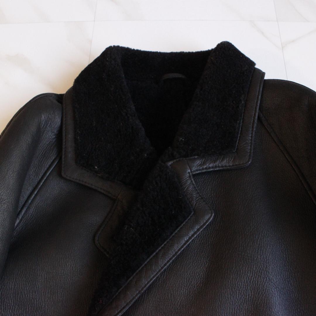 リアルムートンコート ダブル ベルト ブラック 羊革 ボア