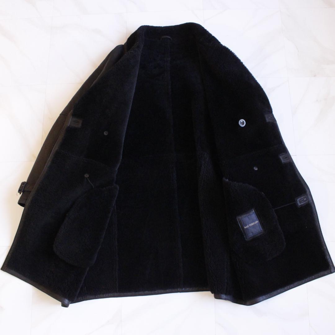 リアルムートンコート ダブル ベルト ブラック 羊革 ボア