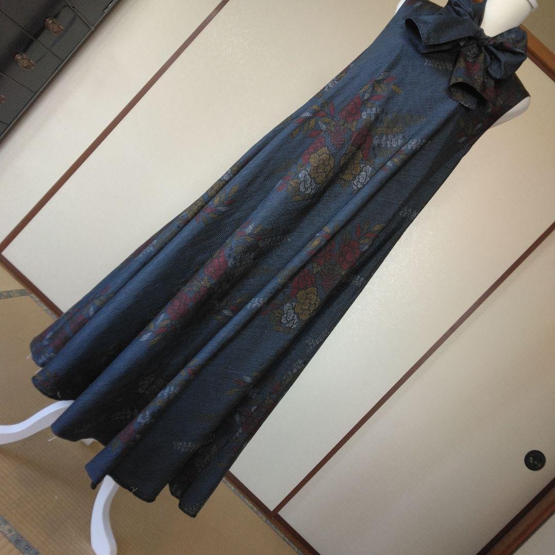 大島紬反物から、 バイアス仕立てロングフレアーワンピース 　M寸