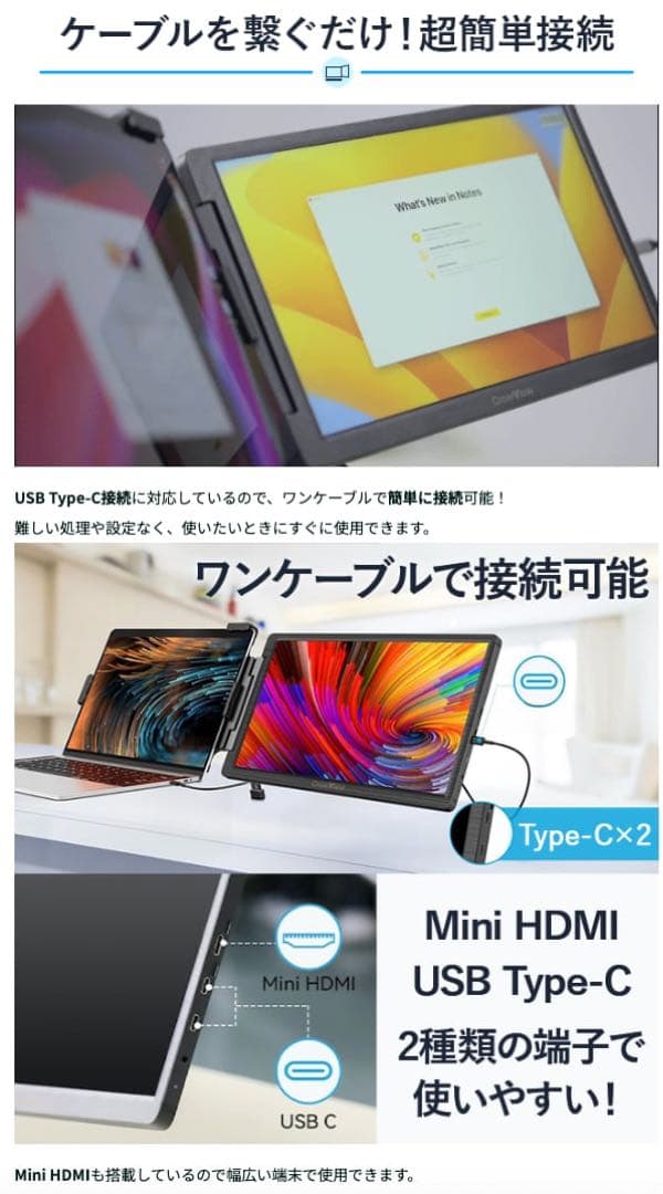 230°回転可能な14インチ/フルHD/スタンド一体型折り畳み式モバイルモニター