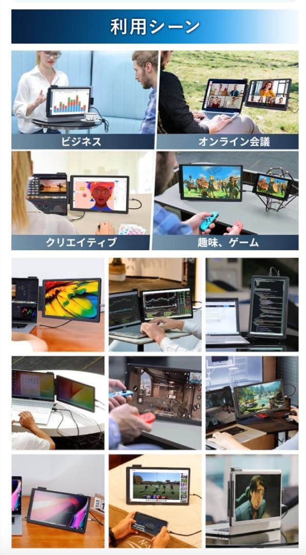 230°回転可能な14インチ/フルHD/スタンド一体型折り畳み式モバイルモニター