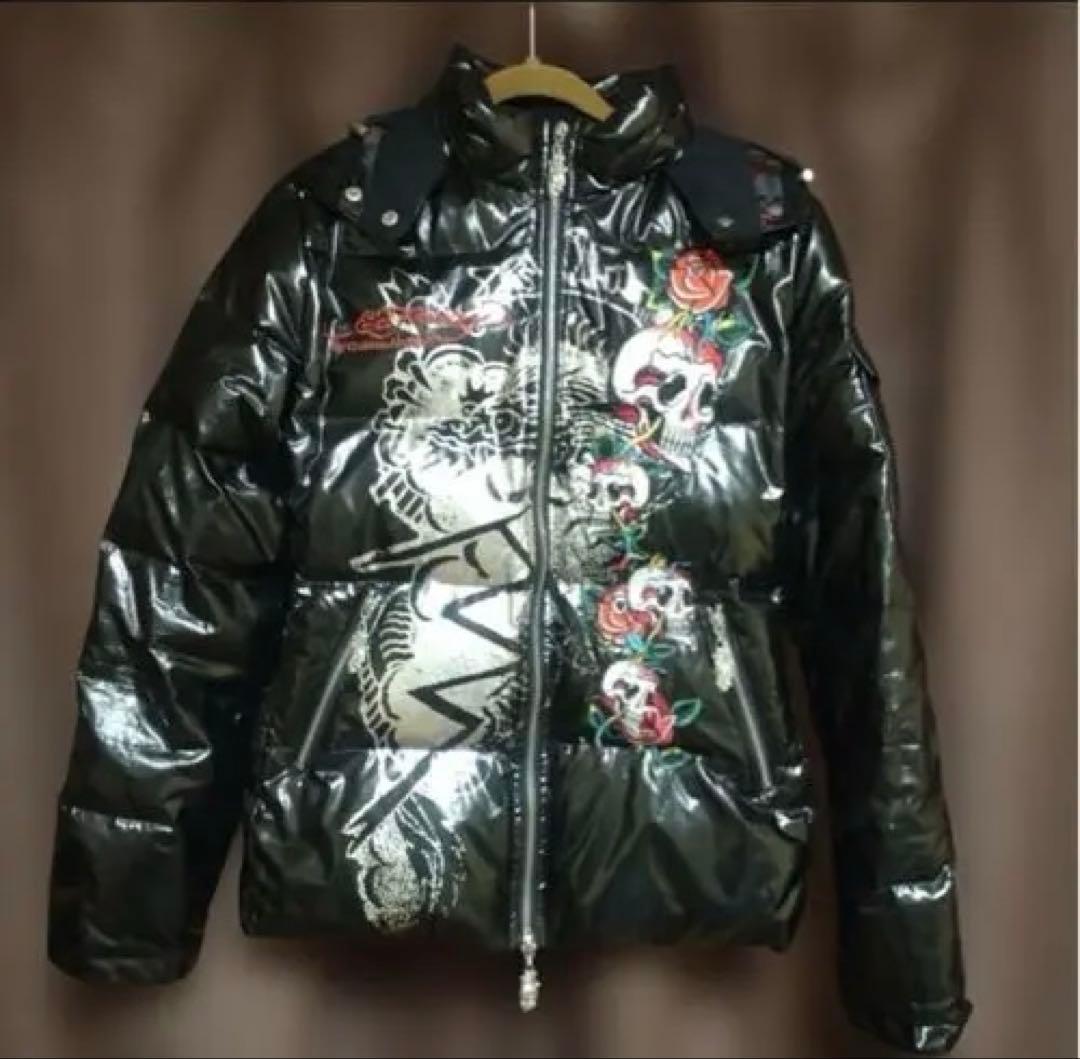 エド・ハーディーダウンジャケットSサイズ光沢黒