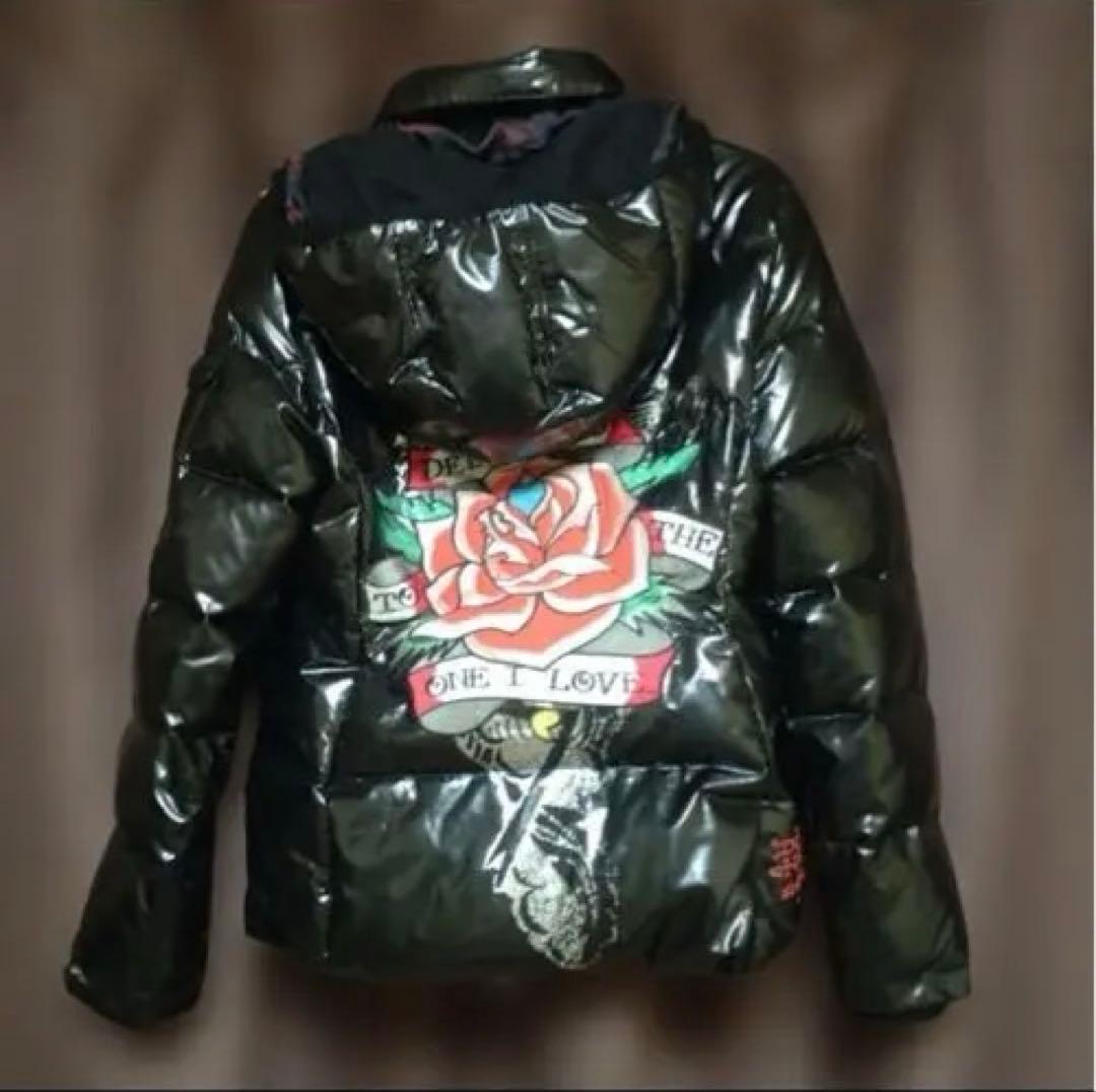 エド・ハーディーダウンジャケットSサイズ光沢黒