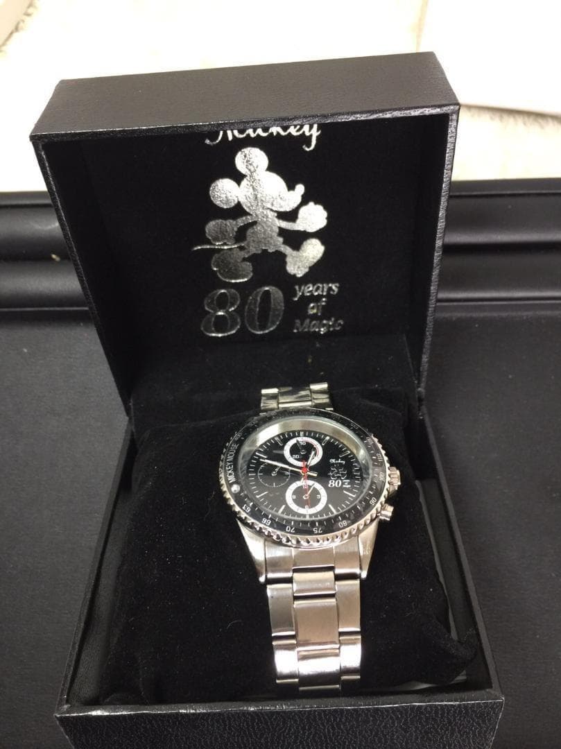 【希少】80周年記念　ディズニー　腕時計　電池交換済　スワロフスキー　ブラック