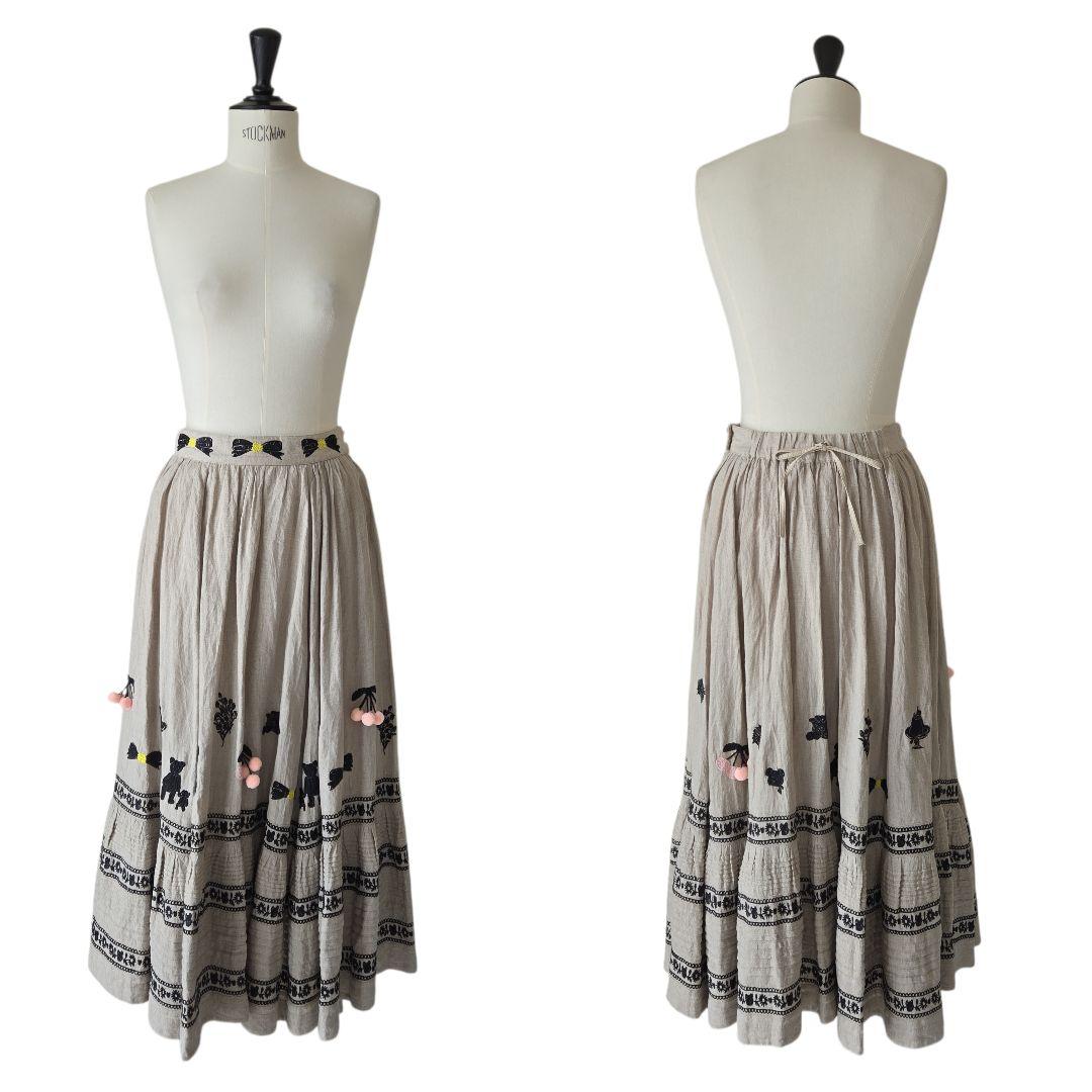 yukiemon ユキエモン リネン ピンタック 刺繍 ロング スカート M