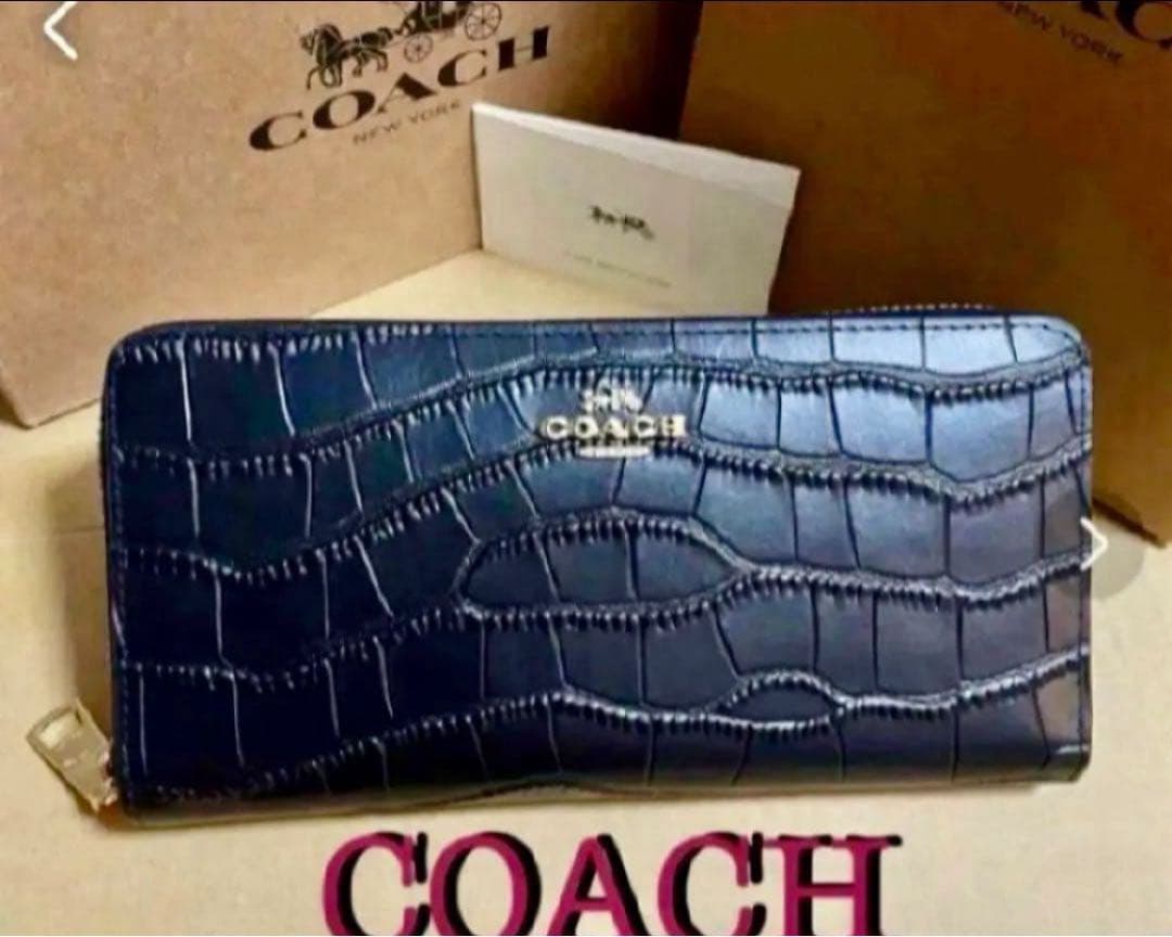 新品未使用コーチCOACHクロコ型押しレザー長財布ブラックラウンドファスナー
