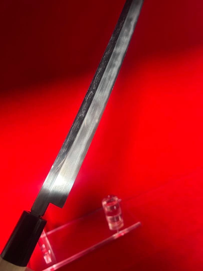 01594 包丁　先丸蛸引　尺一　玉鋼　両刃　刃文有り　墨流し　箱付　未使用品