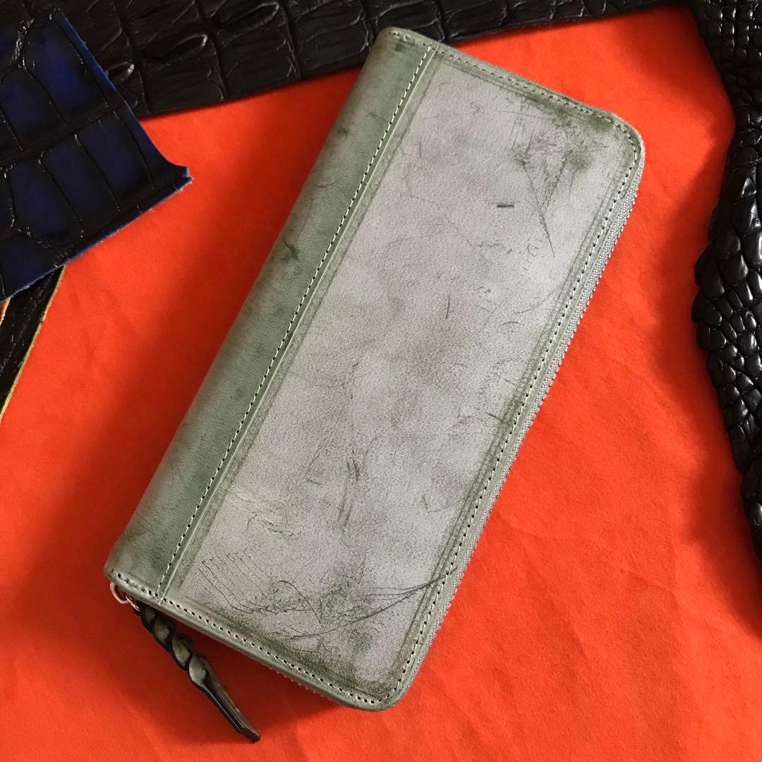 新作品 グリーン系　緑　ハンドメイド ブライドレザー ヌメ革本革 メンズ&長財布