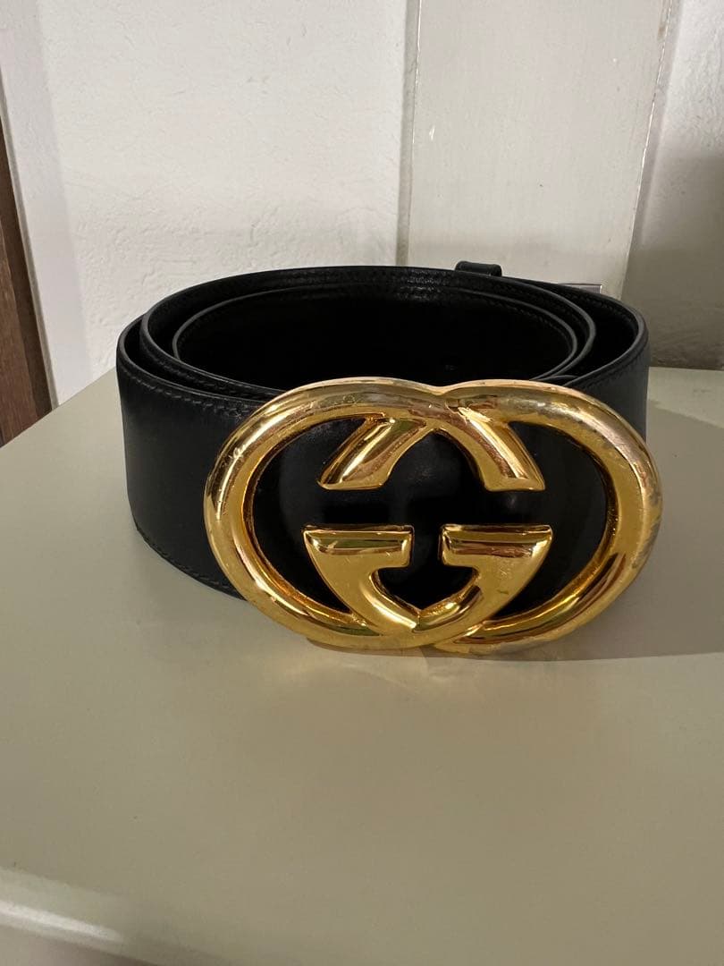 GUCCI ダブルGバックル ブラックレザー ベルト　ビンテージ