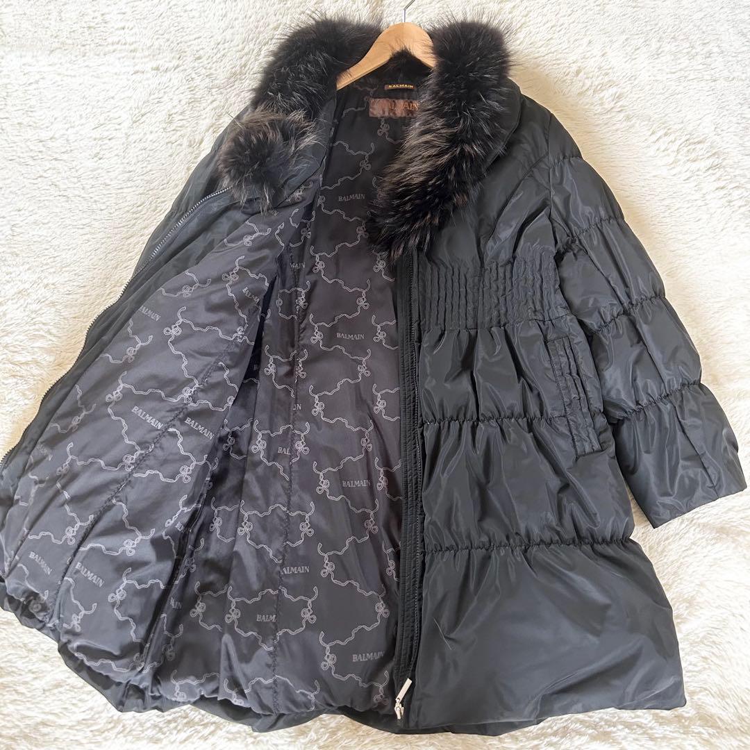 【極美品】BALMAIN ダウンコート Aライン ラクーン ロング ブラック L