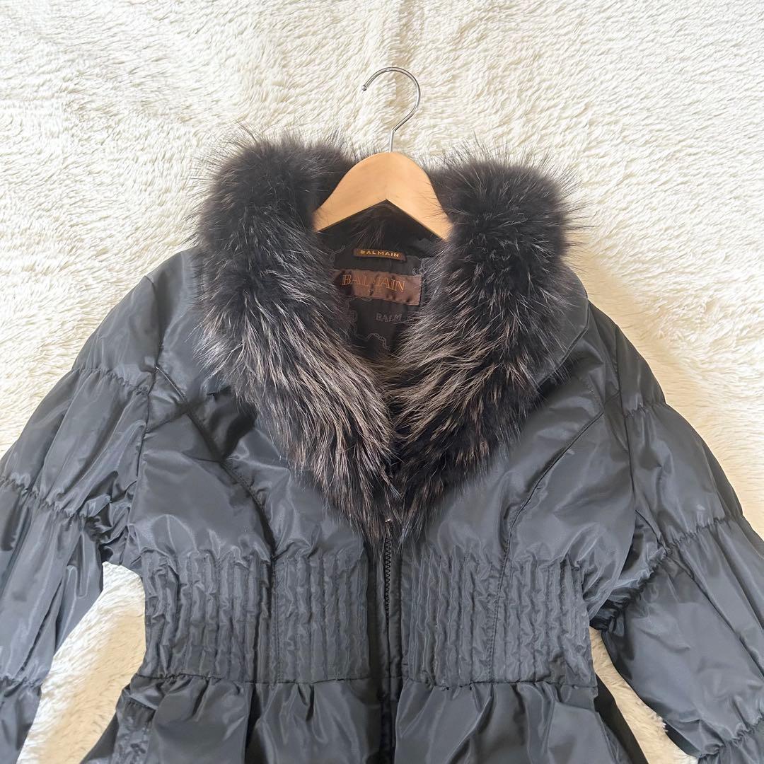 【極美品】BALMAIN ダウンコート Aライン ラクーン ロング ブラック L