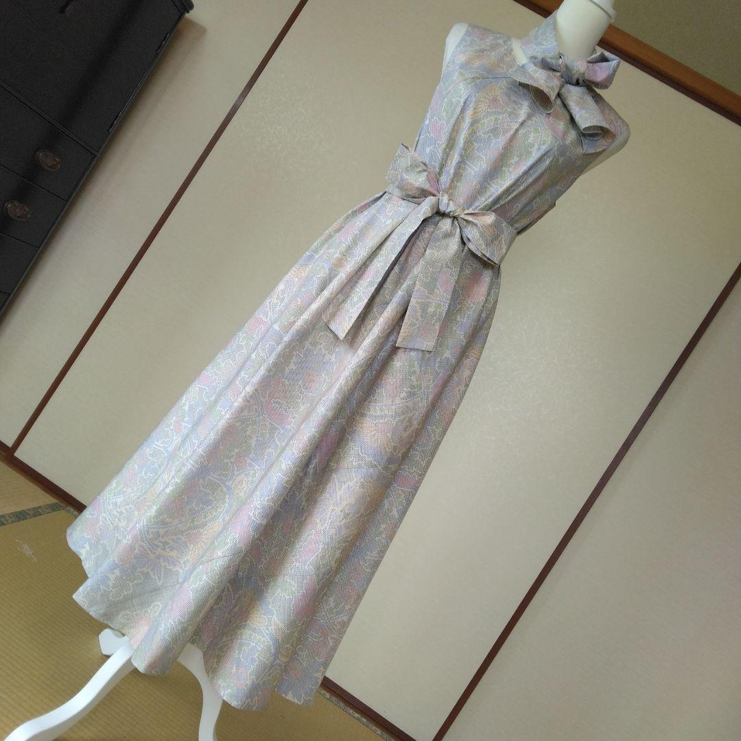 白大島紬解き生地から、バイアス仕立てロングフレアーワンピース　M寸