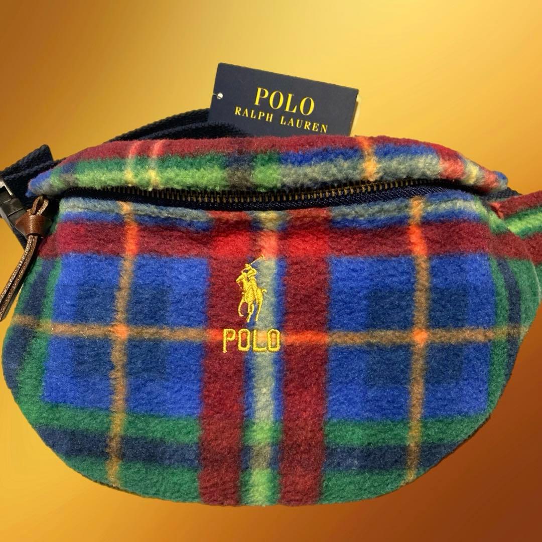 新品タグ付き ポロ ラルフローレン ウエストバッグ フリース チェック 刺繍ロゴ
