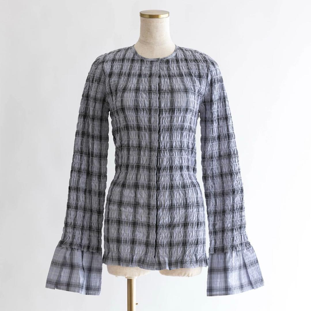 【EN NEUME】Smocked Check Blouse ブルー