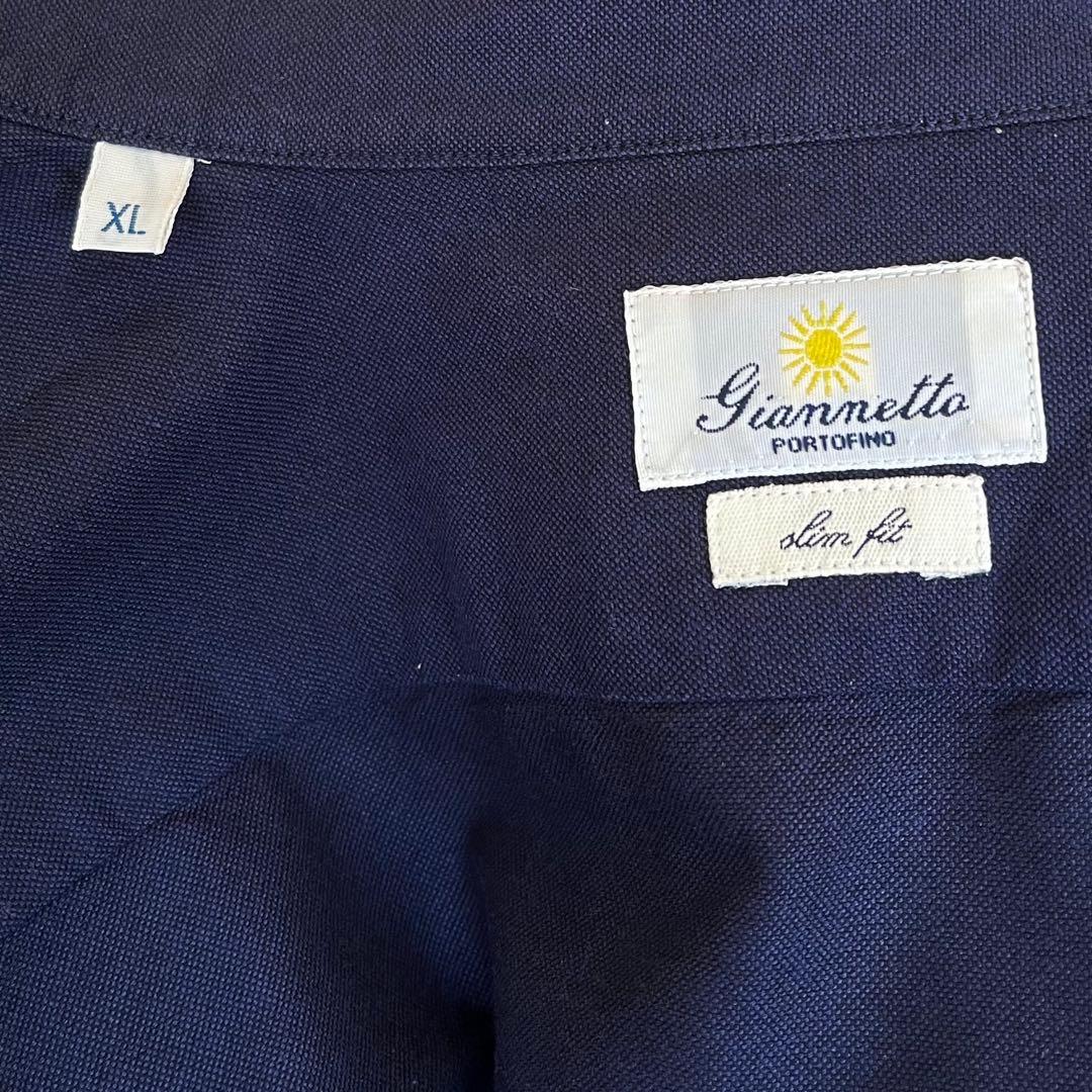 【希少XL★未使用級】ジャンネットワイドスプレッドカラーシャツ★ネイビー刺繍ロゴ