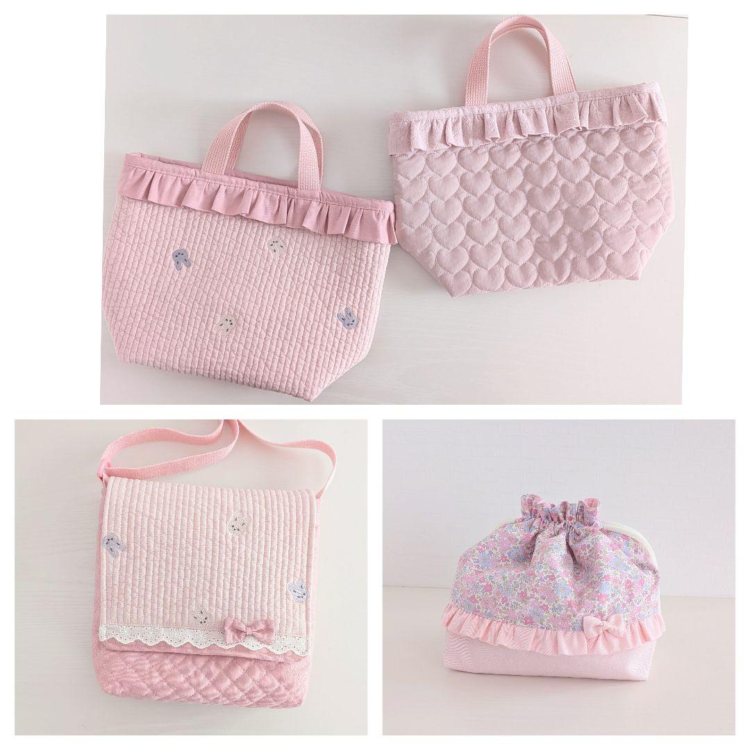 図書袋ショルダー　うさぎ刺繍ヌビ　通園バック　お弁当トートバッグ　お弁当袋