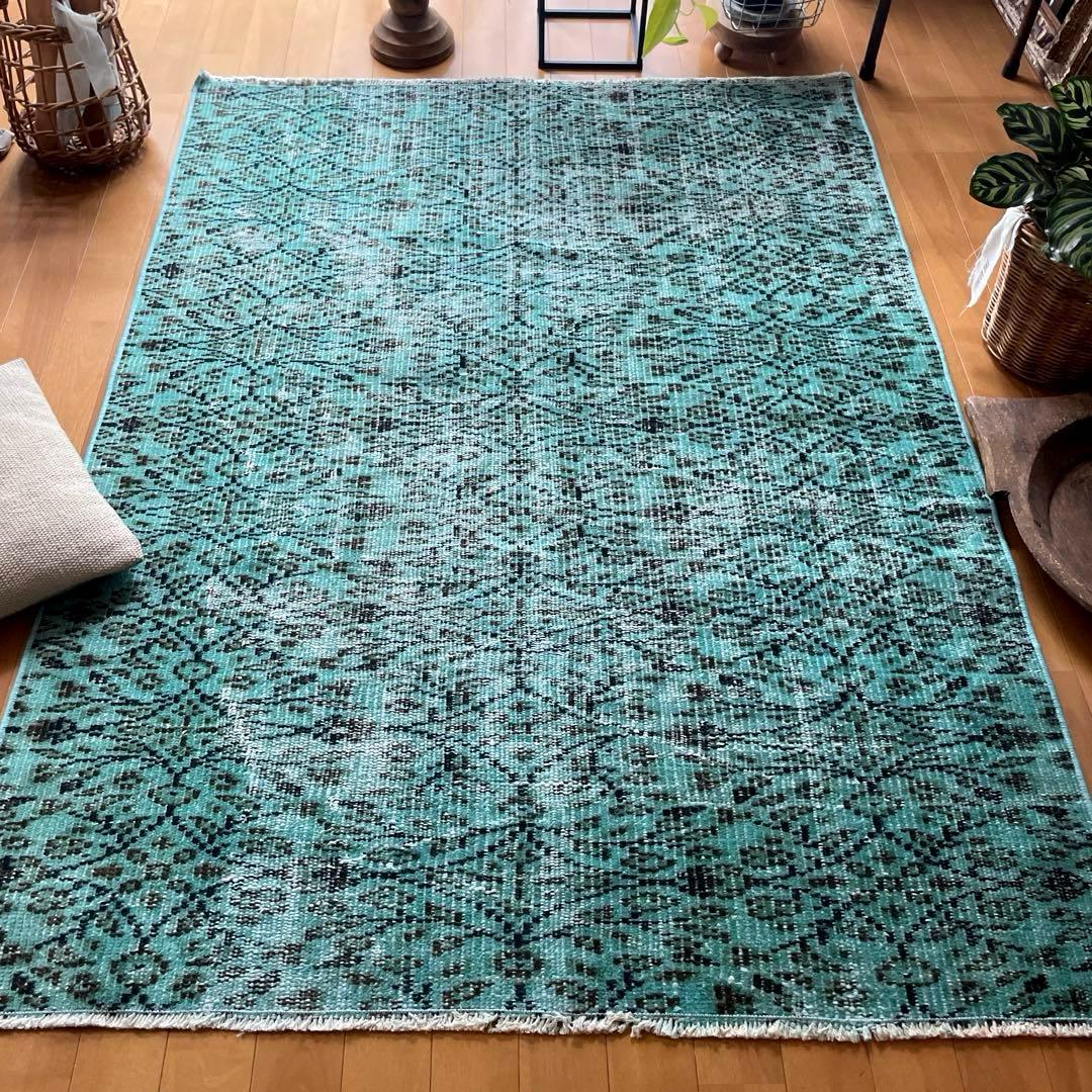 110×150 ボタニカル　ターコイズオーバーダイ　トルコヴィンテージラグ