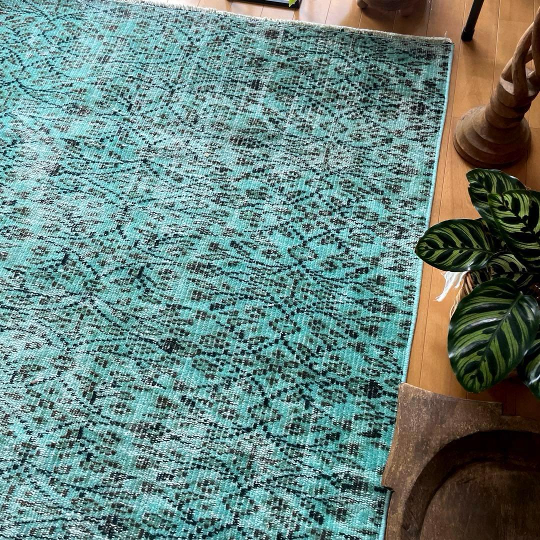 110×150 ボタニカル　ターコイズオーバーダイ　トルコヴィンテージラグ