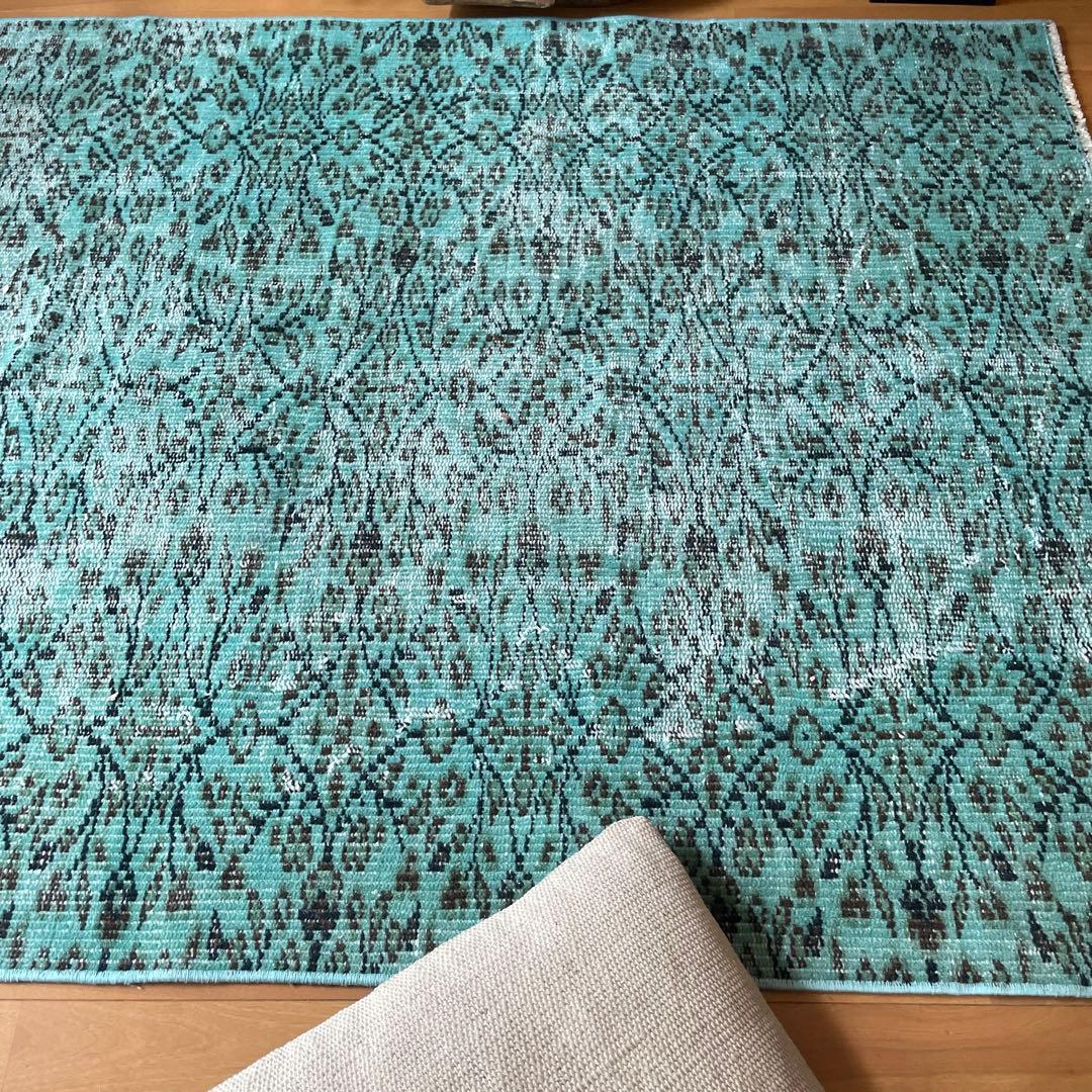 110×150 ボタニカル　ターコイズオーバーダイ　トルコヴィンテージラグ