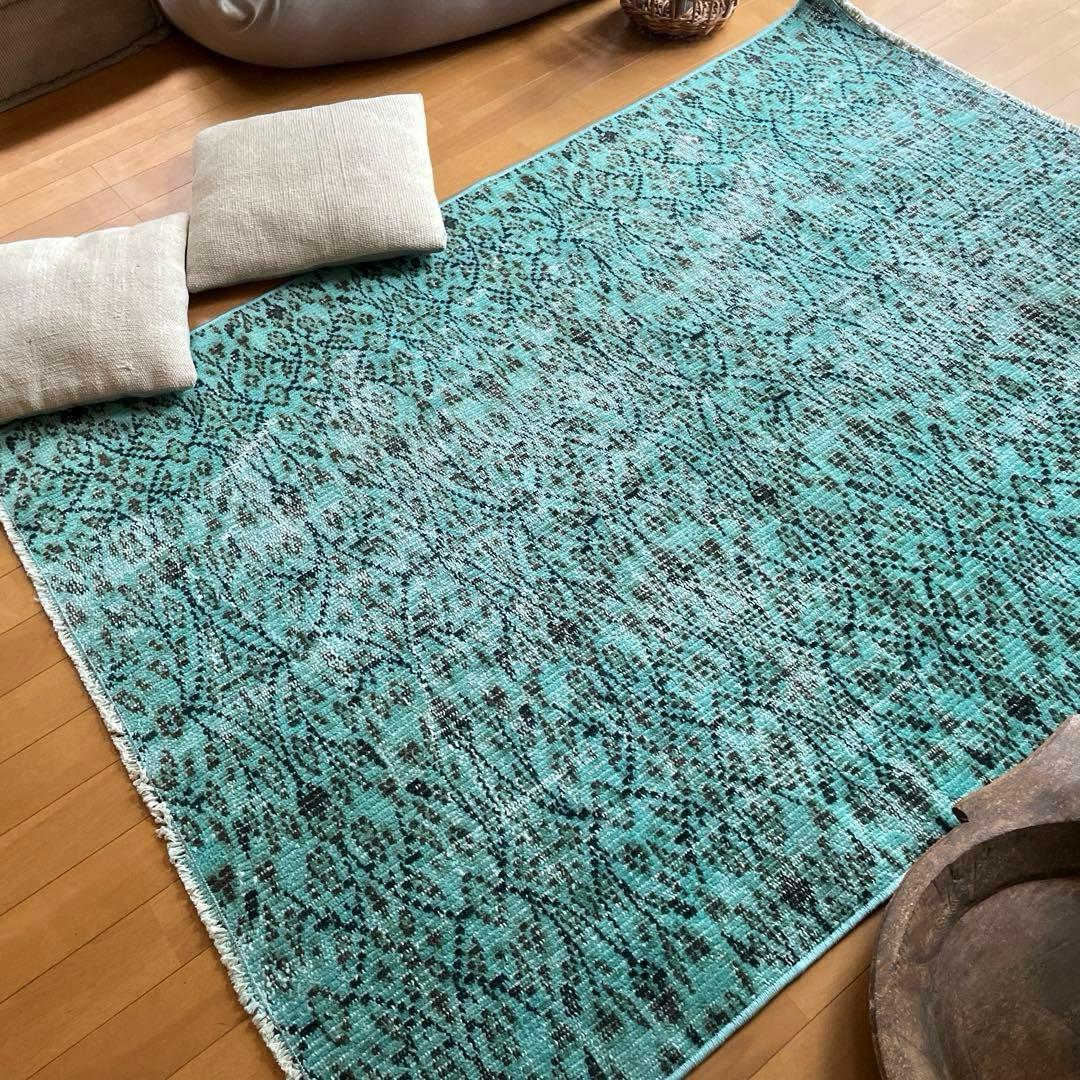 110×150 ボタニカル　ターコイズオーバーダイ　トルコヴィンテージラグ