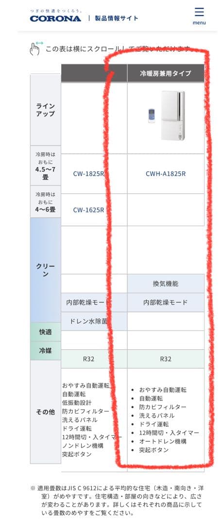 コロナ 窓用エアコン 冷房・暖房兼用 CWH-A1825R-Wオートドレン