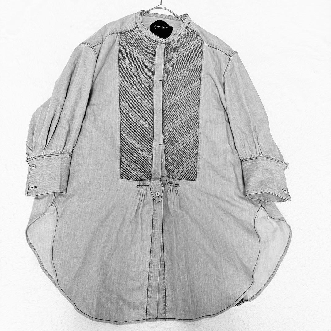 フィータ　Trinity グレーデニムシャツ　ピンタック　バンドカラー　五部袖