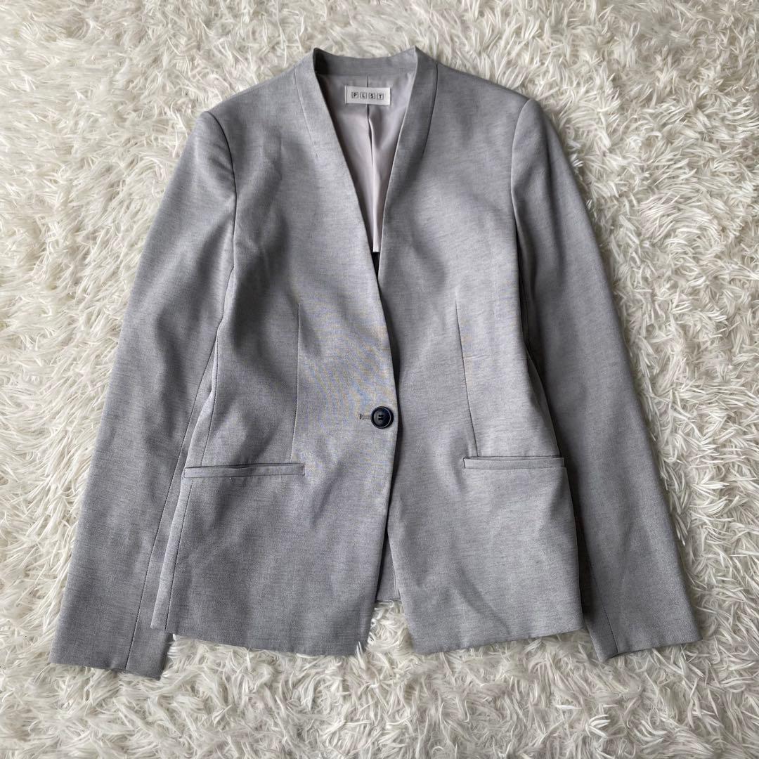 PLST リネン混 ノーカラーパンツスーツ ジャケット スラックス セット S