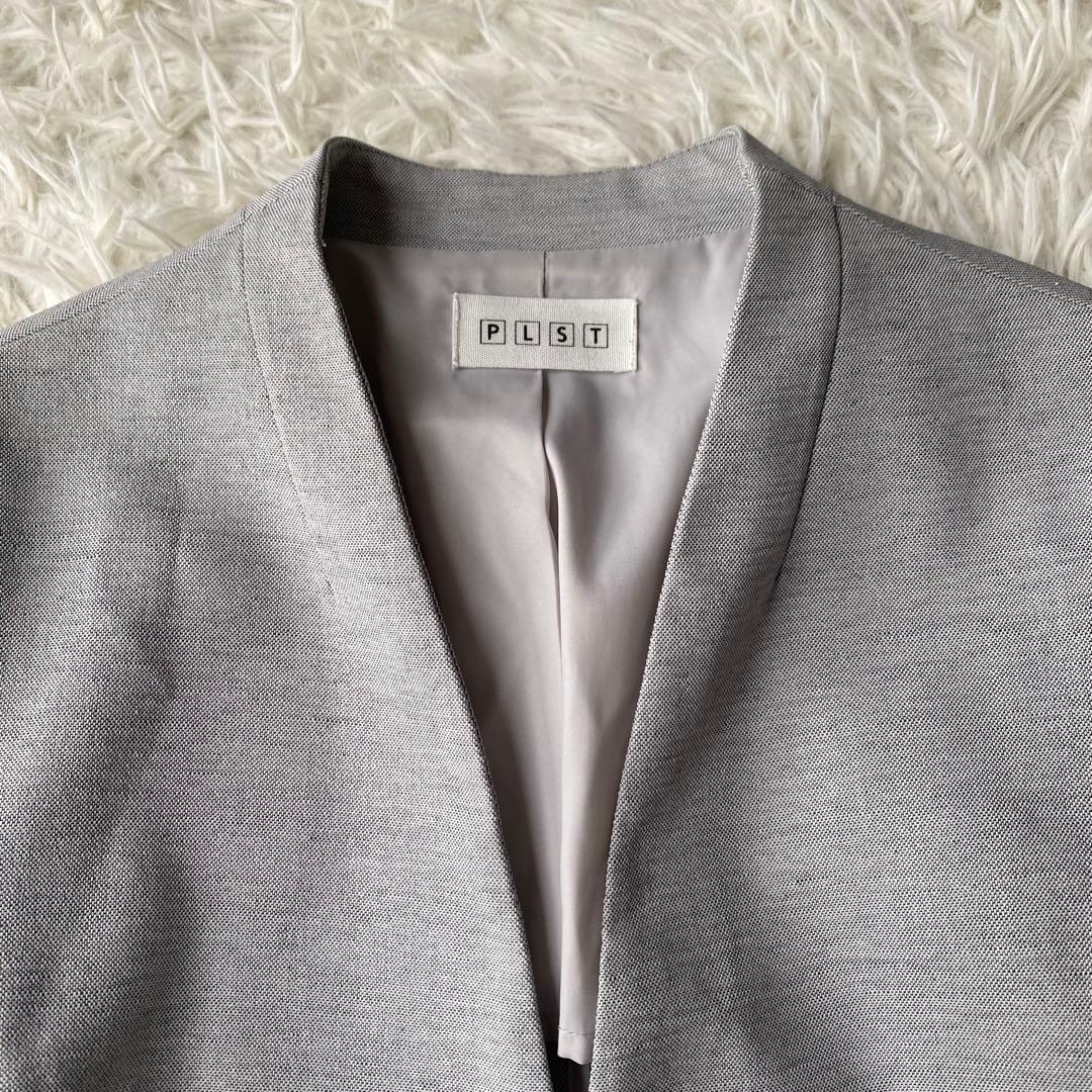 PLST リネン混 ノーカラーパンツスーツ ジャケット スラックス セット S