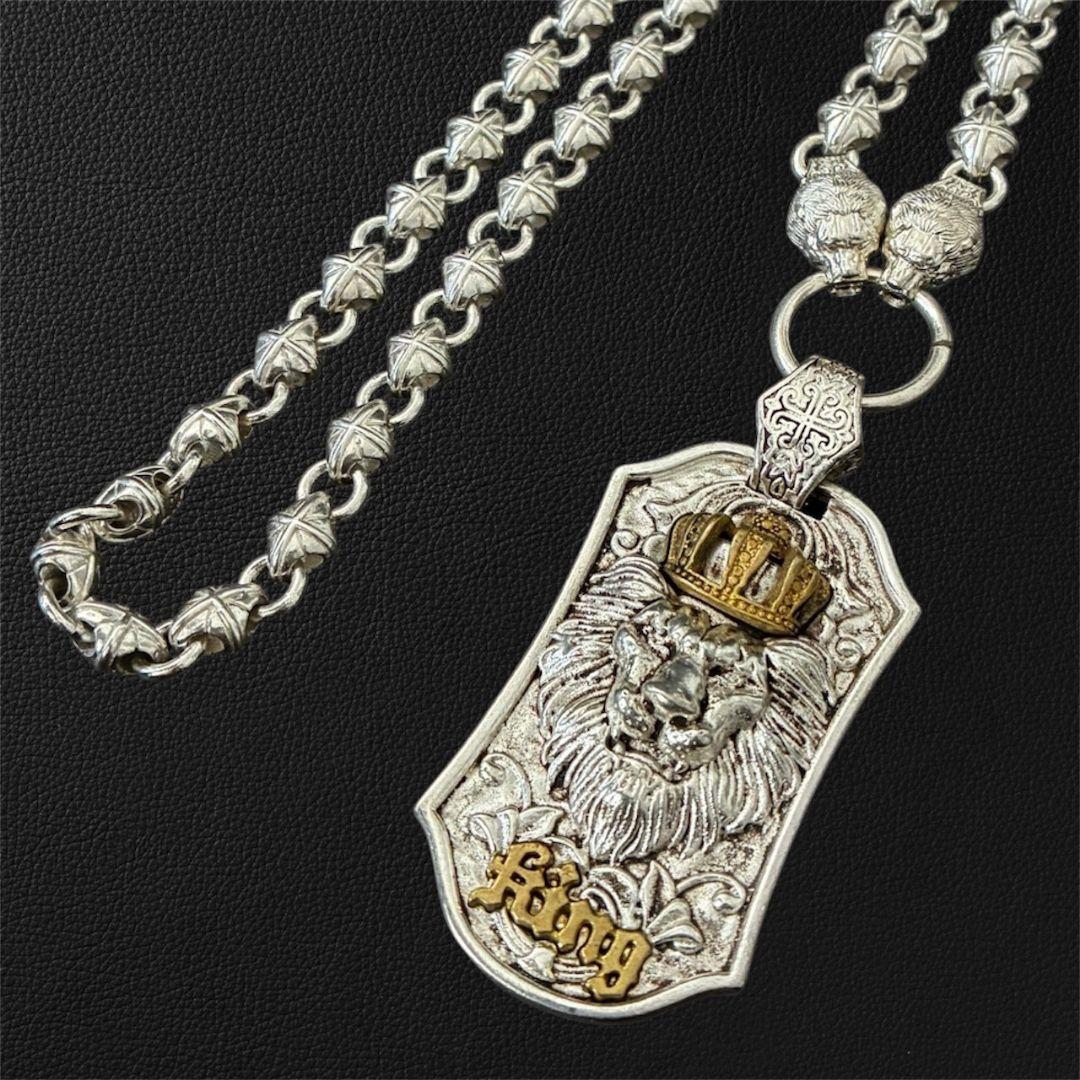 ヴィンテージ メンズレトロ金銀S925刻印 ネックレス シルバーライオン 王冠