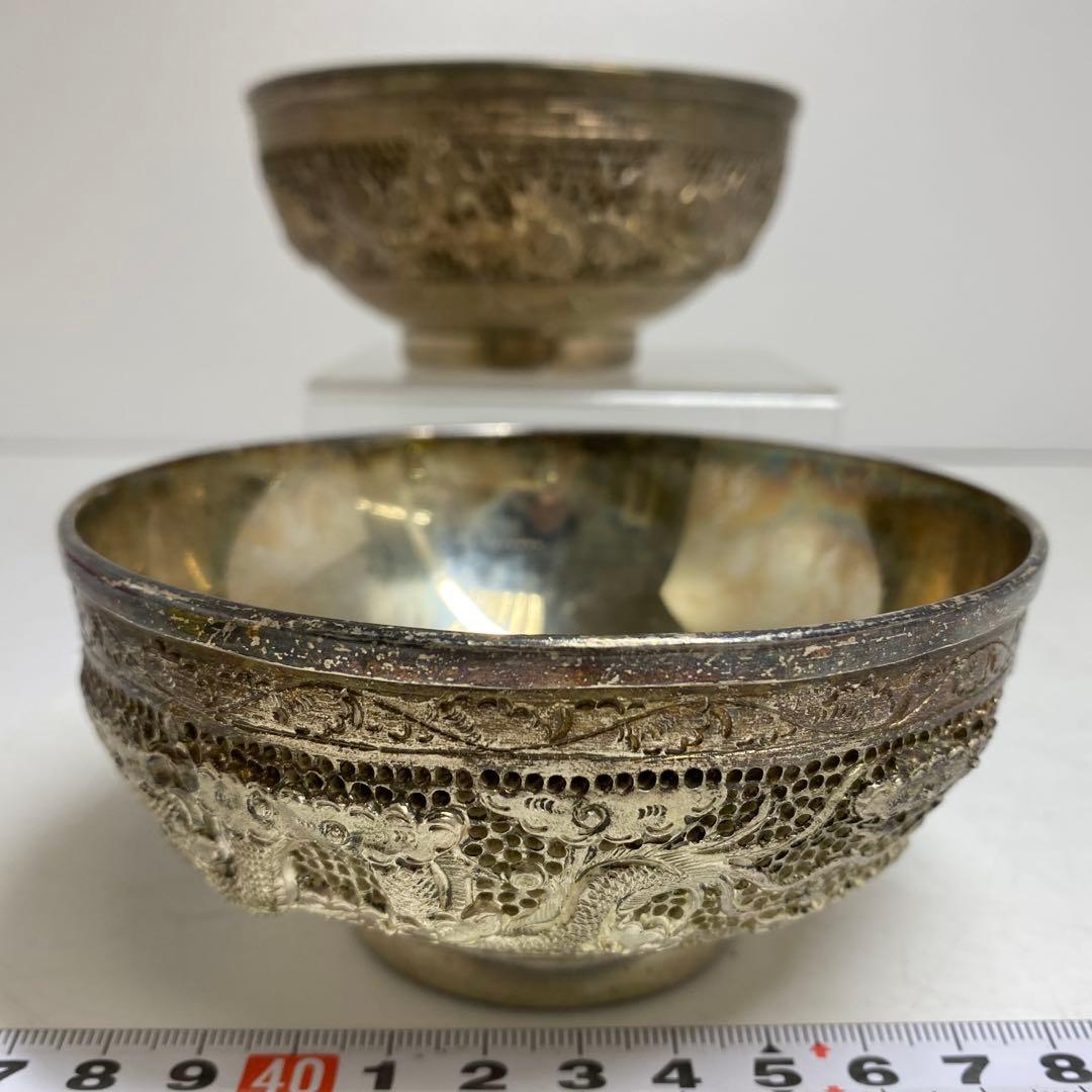 中国古玩　龍銀細工茶碗　2客　直径11.3㎝　521gタサオ　東な8-0104③