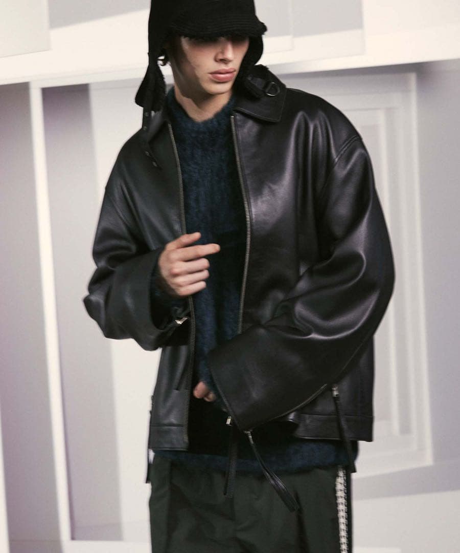 メゾンスペシャル ラムレザープライムオーバー襟付きシングルライダースジャケット