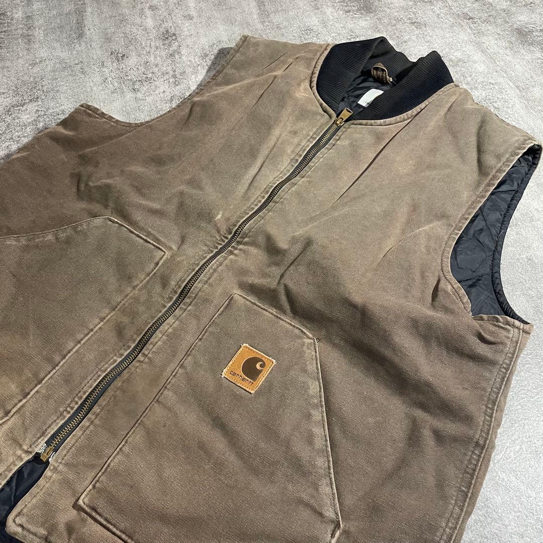 Carhartt ダックベスト古着キルティング ブラウン希少XLサイズ相当