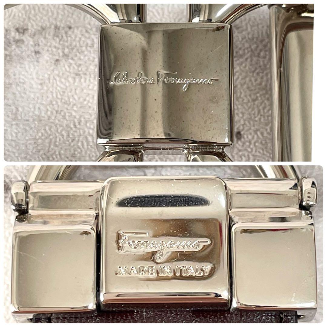 極美品✨フェラガモ　ベルト　ダブルガンチーニ　シルバー金具　ロゴ刻印　濃茶