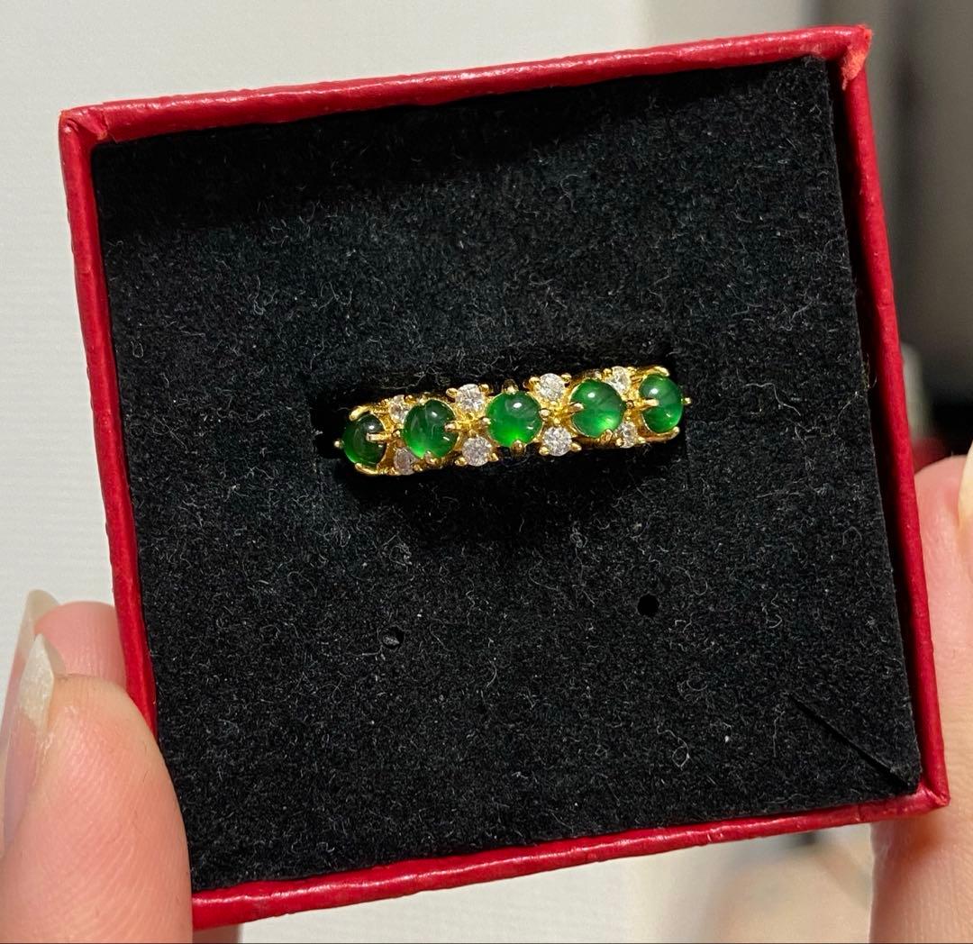 ミャンマー産A貨翡翠 リング｜色標級 氷陽緑 5石｜各3.3mm｜封底