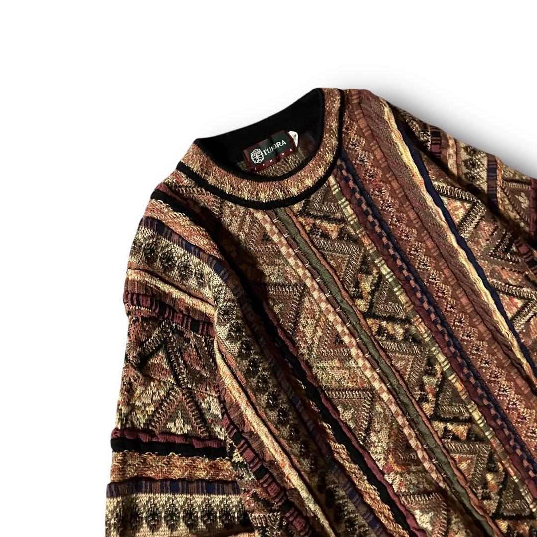 90s TUNDRAツンドラ幾何学模様3Dニット希少クージー調CBOYブラウンM