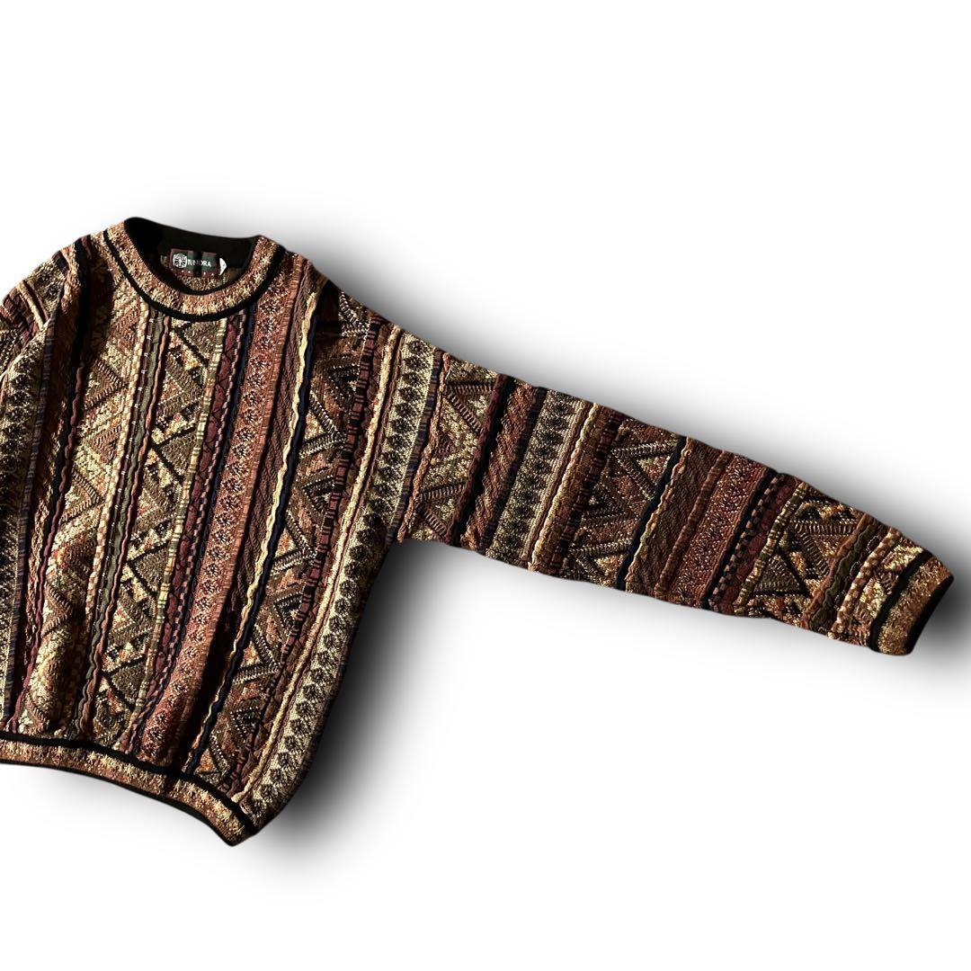 90s TUNDRAツンドラ幾何学模様3Dニット希少クージー調CBOYブラウンM