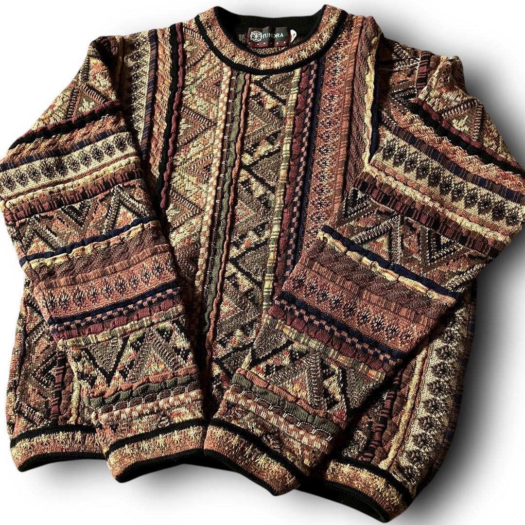 90s TUNDRAツンドラ幾何学模様3Dニット希少クージー調CBOYブラウンM