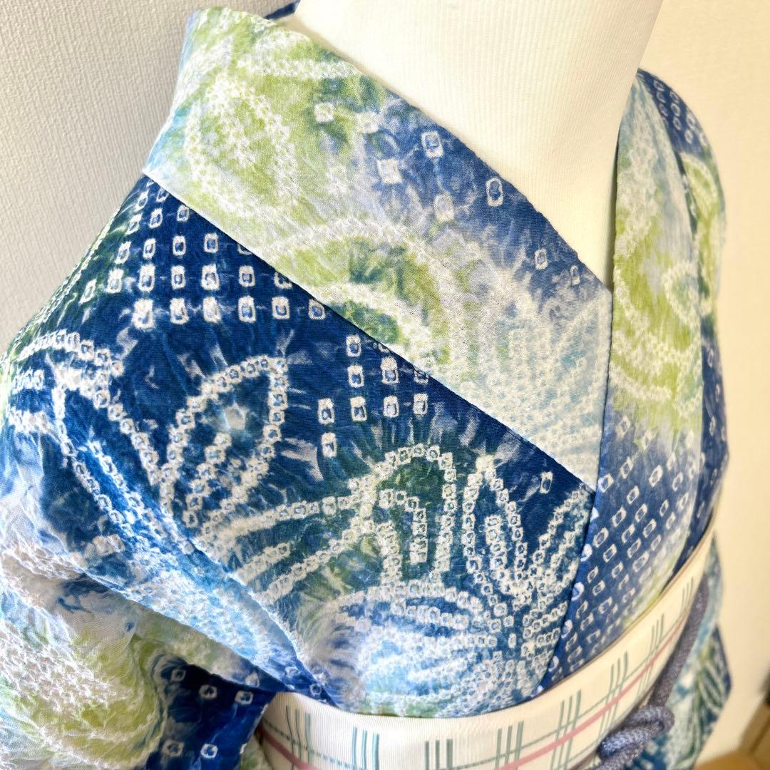 やまと謹製　裄70 有松絞り　絞り浴衣　花柄　藍色×白