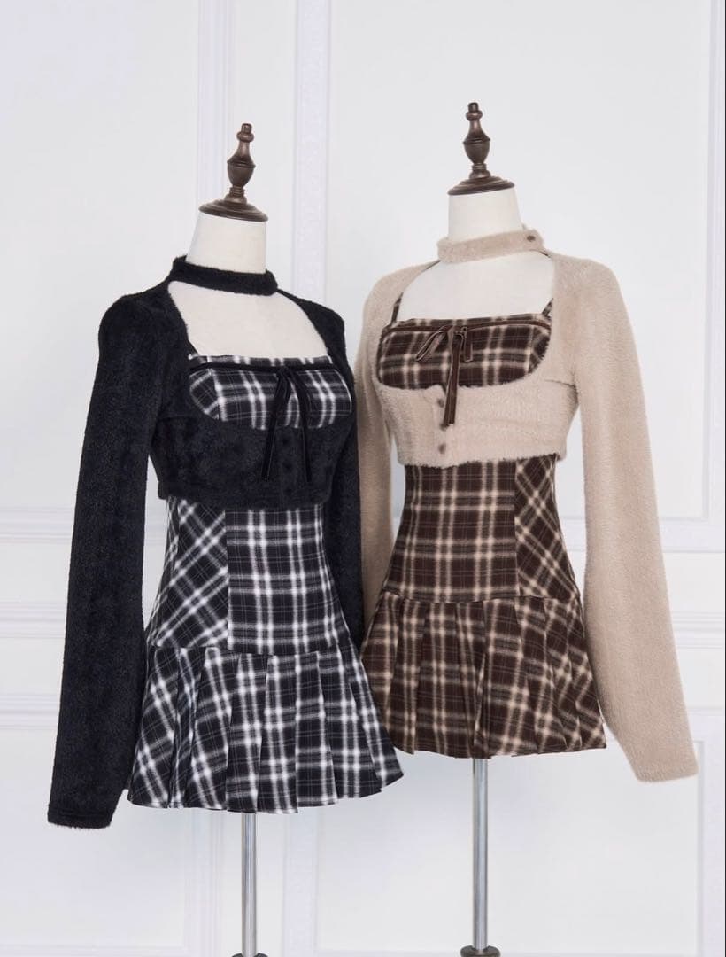 Bunnylis ファーボレロ×チェックミニワンピース ブラック