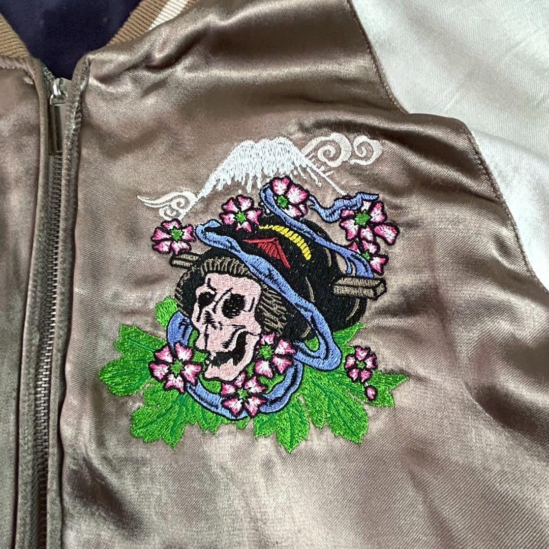kuu 空 リバーシブル スカジャン 髑髏 鷹 富士 刺繍ベロア サテン L