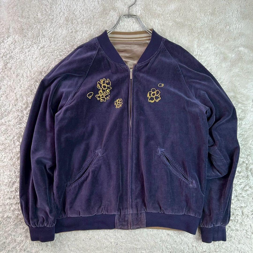 kuu 空 リバーシブル スカジャン 髑髏 鷹 富士 刺繍ベロア サテン L