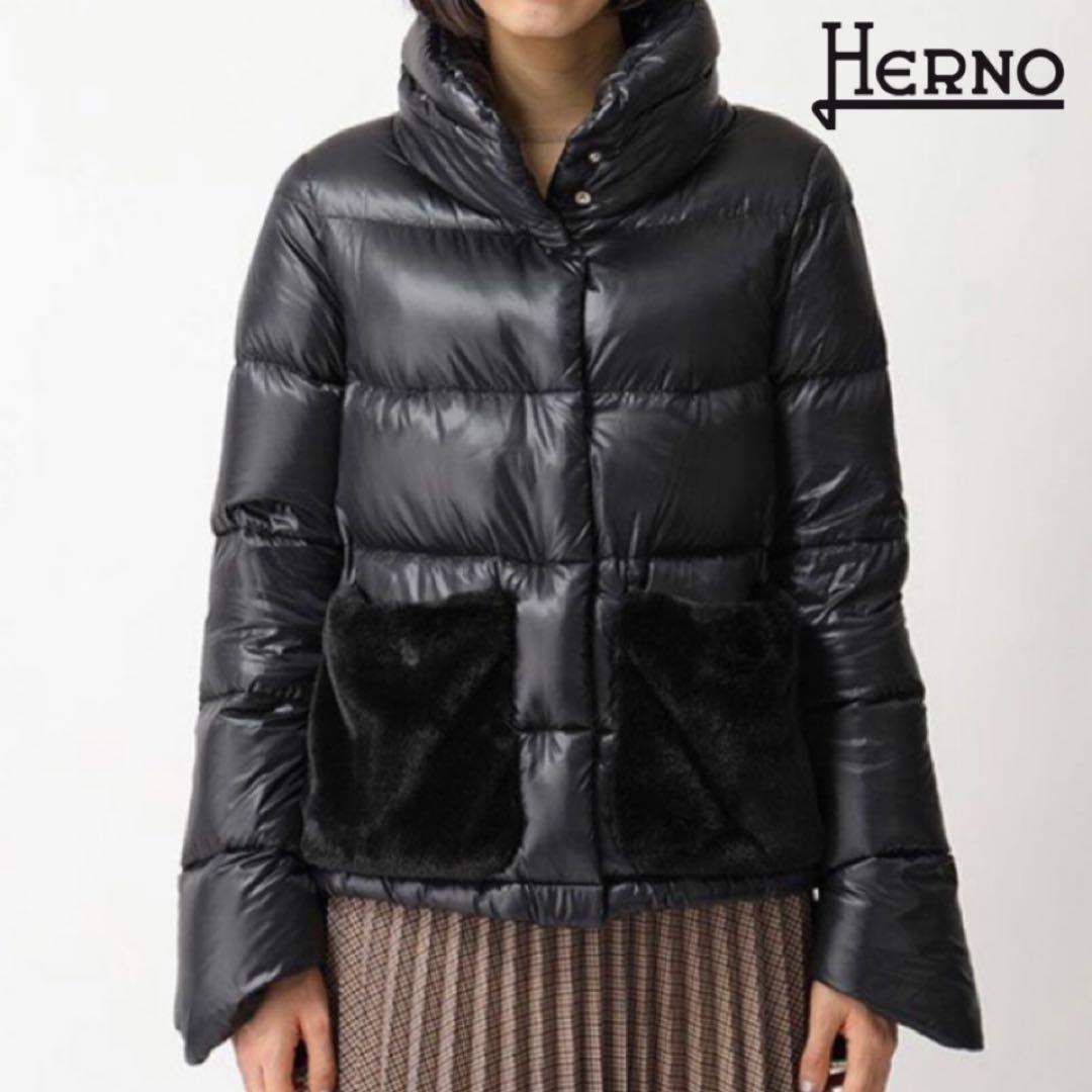 美品　HERNO ヘルノ　エコファーポケット　 ショートダウンジャケット　42